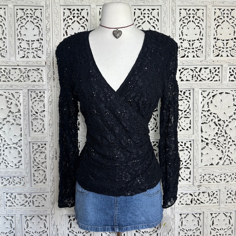 NWT JS Boutique Black Lace Beaded Sequin Fairycore Whimsygoth Faux‎ Wrap Blouse